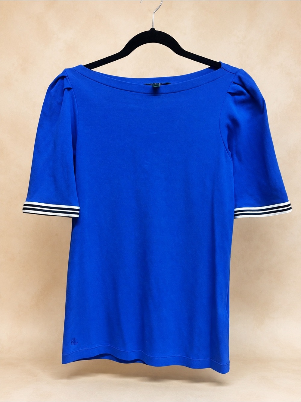 Lauren Ralph Lauren Royal Blue Puff Sleeve Striped Cuff Boat Neck Top M